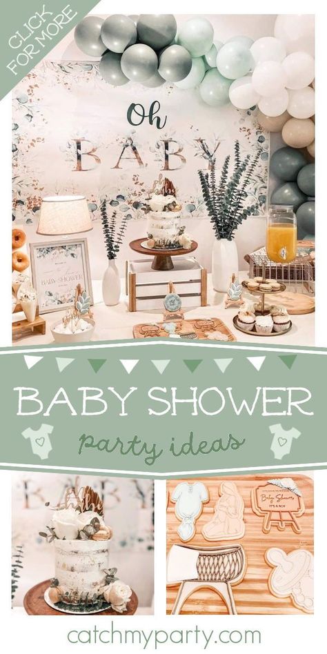 Take a look at this cute baby shower! The cake is beautiful! See more party ideas and share yours at CatchMyParty.com Dusty Blue And Sage Green Baby Shower Ideas, Olive Green Baby Shower Cake, Rustic Boy Baby Shower Ideas, Rustic Baby Shower Ideas For Boys, Boho Baby Shower Ideas Boy, Sage Baby Shower Ideas, Baby Shower Ideas Neutral, Oh Baby Shower Ideas, Sage Green Baby Shower Ideas