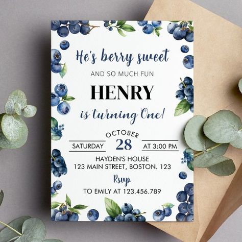 $2 | Blueberry Berry Sweet 1st Birthday Invitation - modern, kids, blueberry, berry sweet, cute, elegant, greenery, berry first birthday, blue, 1st birthday Blueberry First Birthday, 1 Year Party, Berry Sweet 1st Birthday, Birthday Invite Template, First Birthday Invite, 1st Birthday Invitation, Invite Template, Invite Friends, 1st Birthday Invitations