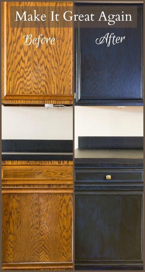 Painting oak cabinets is easy option to update the look. After painting it blue a black glaze was used to give it a nice patina. Paint Oak Furniture, Painting Oak Cabinets, Staining Cabinets, Oak Kitchen Cabinets, Black Glaze, Blue Cabinets, Best Kitchen Designs, Custom Kitchen Cabinets, Oak Kitchen