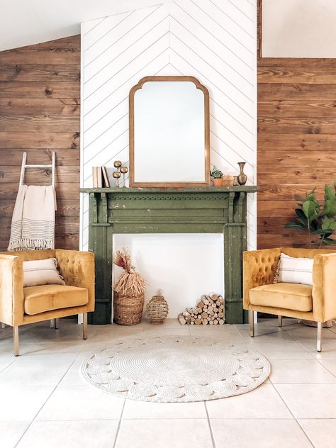 Fireplace installation under $500 - Modern boho style decor Mantle With Built Ins, Mantle In Bedroom, Fake Mantle, Faux Mantle, Fireplace Installation, Faux Fireplace Mantels, Fireplace Diy, Modern Boho Style, Faux Fireplace Diy