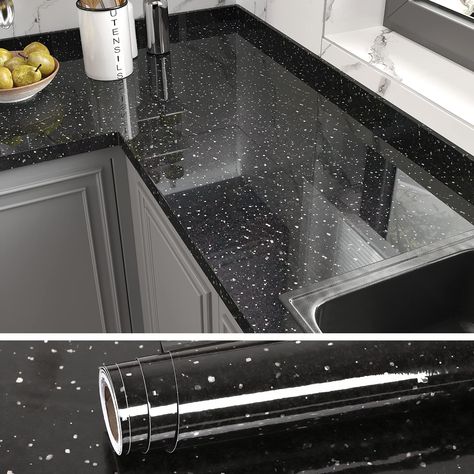 PRICES MAY VARY. SIZE&MATERIAL: 15.7 inches wide by 354 inches long, covers 38.75 square feet each roll countertop contact paper. Made of high quality vinyl, tear-resistant, durable, glossy finish, black galaxy granite with gold flecks FEATURE: Black contact paper for countertops waterproof, oil-proof, easy to clean, keep your countertop neat, heat resistant, repositionable, removable without leaving adhesive behind, renter-friendly EASY TO INSTALL: Peel and stick countertops, self adhesive gran Self Adhesive Countertop, Adhesive Countertop, Countertop Contact Paper, Countertops For Kitchen, Black Galaxy Granite, Galaxy Granite, Kitchen Design Countertops, Counter Kitchen, Bathroom Table