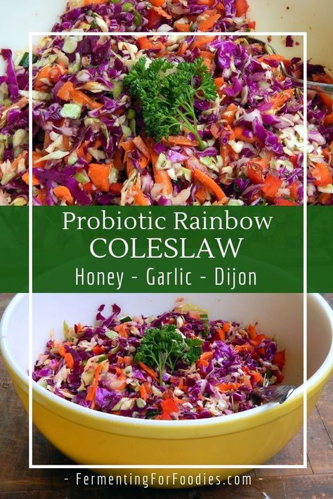 Probiotic Coleslaw with Honey Fermented Garlic - Fermenting for Foodies Garlic Coleslaw, Honey Fermented Garlic, Rainbow Vegetables, Marinated Salad, Fermented Garlic, Healthy Coleslaw, Fermented Honey, Fermentation Recipes, Honey Dijon