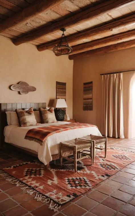 Southwestern Bedroom Ideas, Hacienda Style Bedroom, Bedroom Terracotta, Southwestern Bedroom, Bamboo Bed Frame, Rustic Style Bedroom, Earthy Bedroom Ideas, Bedroom Style Ideas, Soothing Bedroom