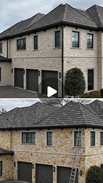 Romabio Paints on Instagram: "Stop painting outdated stone with ‘regular paint’!  Comment “stone”to get a link to our blog about 4 Ways to Update Stone with Romabio products.   Shown in this video: Romabio Preferred PRO team @highlandpaintingdfw color shifting an outdated yellow stone exterior with Romabio Venetian Glaze in Riposo Beige. This creates a beautifully organic, modern stone facade that allows the home’s design to shine.   Massive curb appeal achieved! ✨  Click the link in our bio to connect with a Romabio Preferred PRO near you.   #Limewash limewash  #mssonry masonry #stonehouse stone house  #paintedstone painted stone" Before And After Limewash Brick, Yellow Stone Update, Limewash Exterior Stone, Modern Stone Facade, Stone House Facade, Stone And Brick House Exterior, Brick And Stone Exterior Combinations, Rock House Exterior, Acme Brick