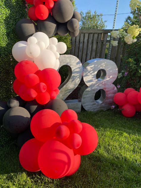 Birthday Balloon Garland Huge 28 Red White and Black Red White And Black Balloon Garland, Red Black And White Balloon Garland, Black Balloon Garland, Labor Day Decorations, Car Theme Birthday, Bday Surprise, White Balloon Garland, Rock And Roll Birthday, Black And White Balloons