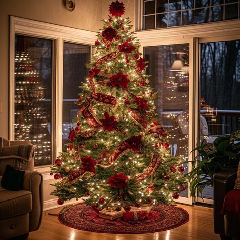 Enchanting Christmas tree with red ribbons and golden lights, creating a warm and festive atmosphere. Perfect holiday decor for a cozy gathering with family and friends. Festive Centerpieces, Christmas Tree Decor, Golden Lights, Vintage Christmas Decorations, Tree Decor, Red Ribbon, Holiday Spirit, Christmas Tree Decorations, The Holiday