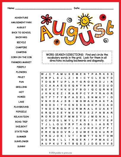 Free Printable August Word Search August Word Search, Large Print Word Searches For Seniors, Wordsearches For Kids Free Printable, August Activities For Seniors, Free Word Search Printables, August Worksheets, August Word, Word Puzzles Printable, Summer Word Search