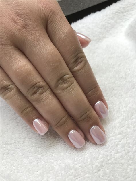 Pink & white chrome Pink Polish With Chrome, Pearly Pink Chrome Nails, Short Nails Crome, Short Biab Nails Chrome, Light Pink Chrome Nails Short Square, Milky White Chrome Nails Short, Soft White Chrome Nails, Pale Pink Nails With Chrome, Pink Chrome Dip Powder Nails