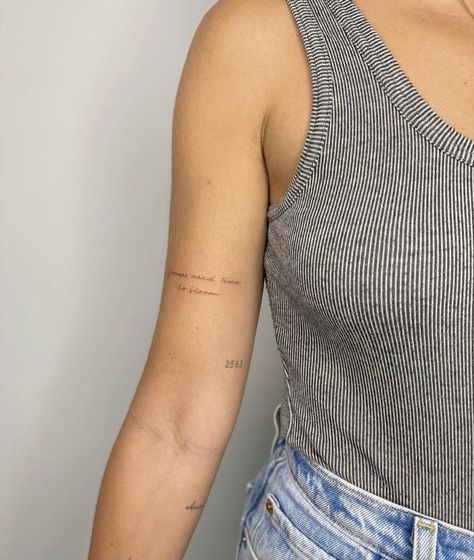 Arm Line Tattoo, Text Tattoo Arm, Word Tattoo Placements, Tattoos Script, Tiny Tattoo Placement, Word Tattoos On Arm, Line Tattoo Arm, Arm Tattoos Lettering, Tattoo Placement Arm