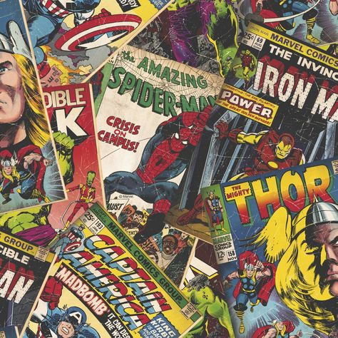 Bring the vibrant fun of Marvel comics to the walls of your home with this bright, multi-coloured wallpaper design. This wallpaper of larger-than-life artwork with its pop culture atmosphere spans the ages of Marvel history and celebrates the nostalgia of the comic book era. Comic Book Wallpaper, Poster Marvel, Kaptan Jack Sparrow, Thor Comic, Iron Spider, Pahlawan Marvel, Marvel Comics Wallpaper, Marvel Posters, Book Wallpaper