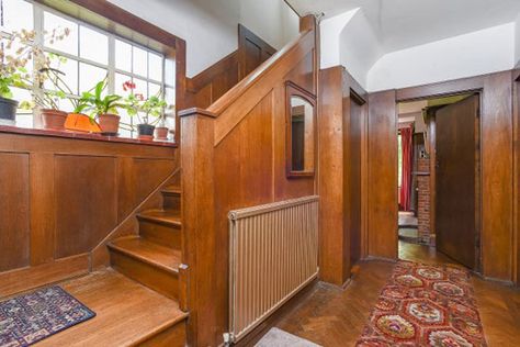 1930s art deco renovation project in Eltham, London SE9 - WowHaus 1930 Hallway, 1930s Hallway, Art Deco Entryway, Hallway Panelling, 1930s House Renovation, Wood Panelling, Home Panel, Hallway Art, 1930s House