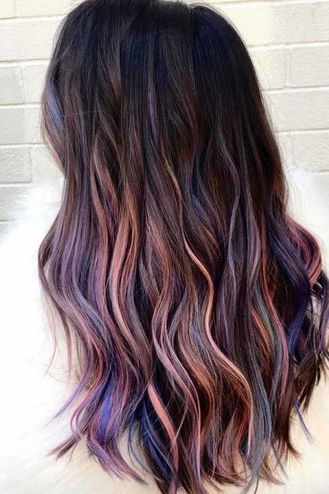 Inverted Hair Color, Subtle Hair Color Fun For Brunettes, Subtle Hair Color, Indian Hair Cuts, Heartless Curls, Purple Hair Highlights, Light Purple Hair, Highlights Ideas, Peekaboo Hair