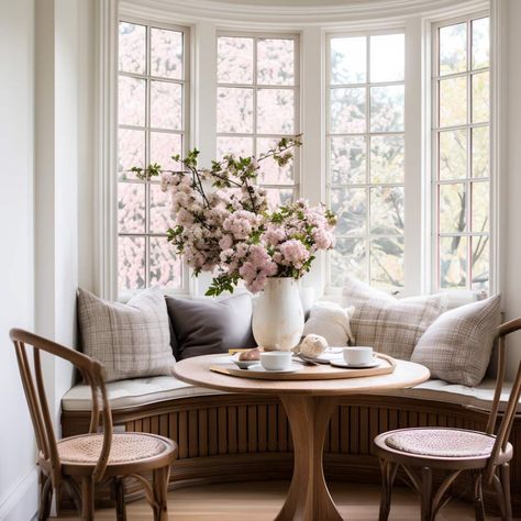 Our Favorite Bay Window Ideas - Plank and Pillow Circle Breakfast Nook, Breakfast Nook Open Floor Plan, How To Fill Big Living Room Space, Round Dining Table Nook, Curved Breakfast Nook, Coffee Sitting Area In Kitchen, Bay Window Ideas Dining Room, Cozy Kitchen Nook Ideas, Bay Window With Bench