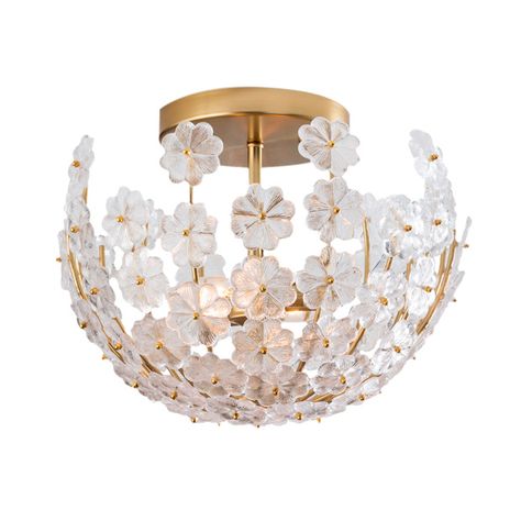 House & Home Steel Flowers, Brass Fixtures, Cast Glass, Semi Flush Ceiling Lights, Semi Flush Mount Lighting, Candelabra Bulbs, Glass Flowers, Flush Ceiling Lights, Semi Flush Mount