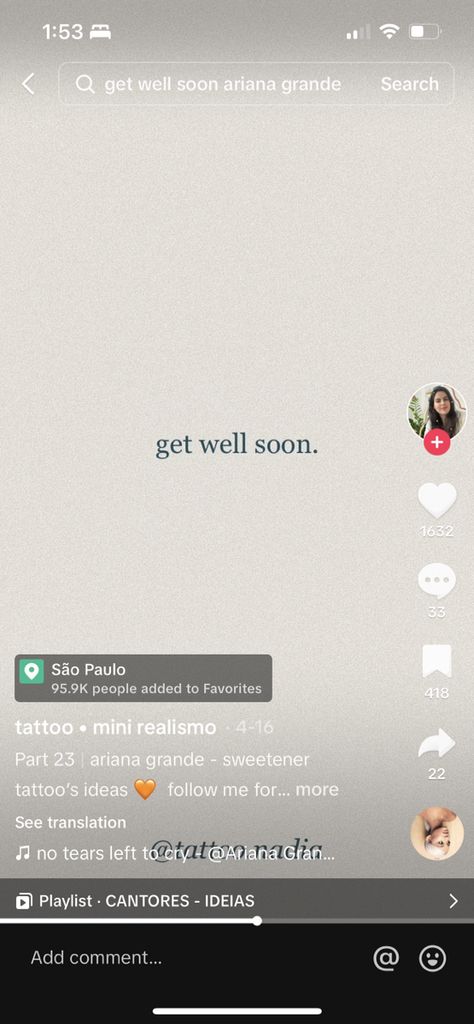 Get Well Soon Tattoo, Sweetener Tattoo, Soon Tattoo, Bday Tattoo, 22 Tattoo, Ariana Grande Sweetener, Get Well Soon, Get Well, Ariana Grande