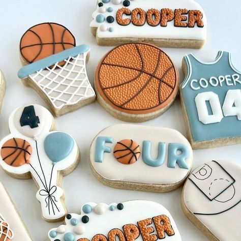 Samantha on Instagram: "My favorite is when you get clients who come back every year for their child’s birthday 🥳 🥹 I 🫶🏼 my job!  . . . . . . #sugarcookies #decoratedsugarcookies #willowparkcookies #aledocookies #fortworthcookies #fortworth #basketballcookies #hoopcookies #birthdaycookies #happybirthday #happybirthdaycookies #jerseycookies" Space Jam Cookies, Basketball Torte, Basketball Birthday Cake, Basketball Cookies, Basketball Birthday Party, Sports Cookies, Basketball Birthday Parties, Basketball Cake, Sports Theme Birthday