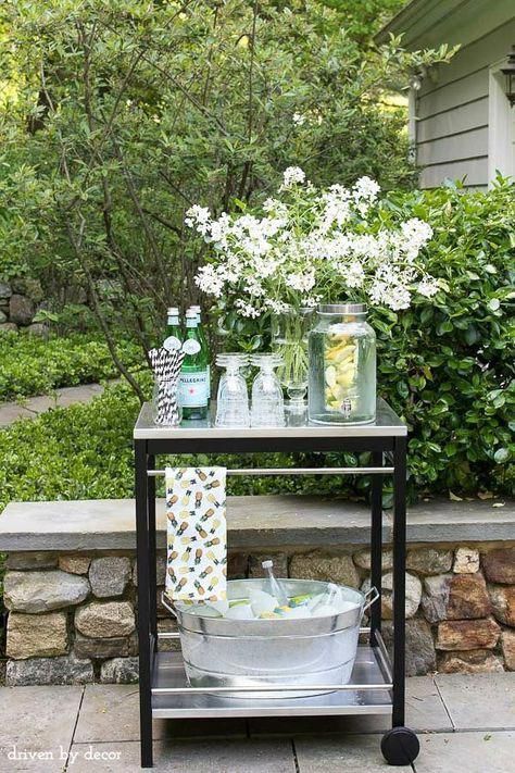 Simple Outdoor Bar, Driven By Decor, Outside Bars, Ikea Finds, Outdoor Space Design, Bar Cart Styling, Bar Cart Decor, Mantel Decor, Outdoor Solar Lights