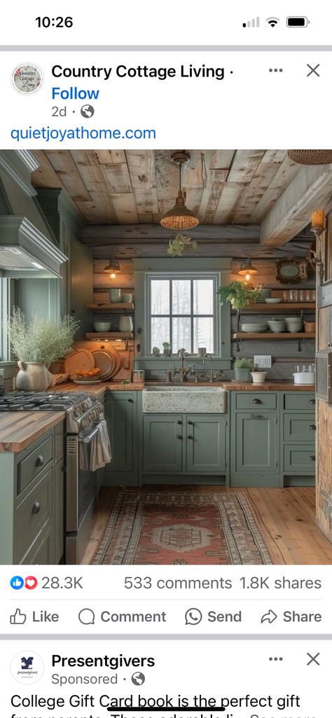 Olive Kitchen, Green Kitchen Cabinets, Cabin Kitchens, Farmhouse Kitchen Design, Cottage Kitchens, Farm Kitchen, Cabin Living, Green Cabinets, Kitchen Redo