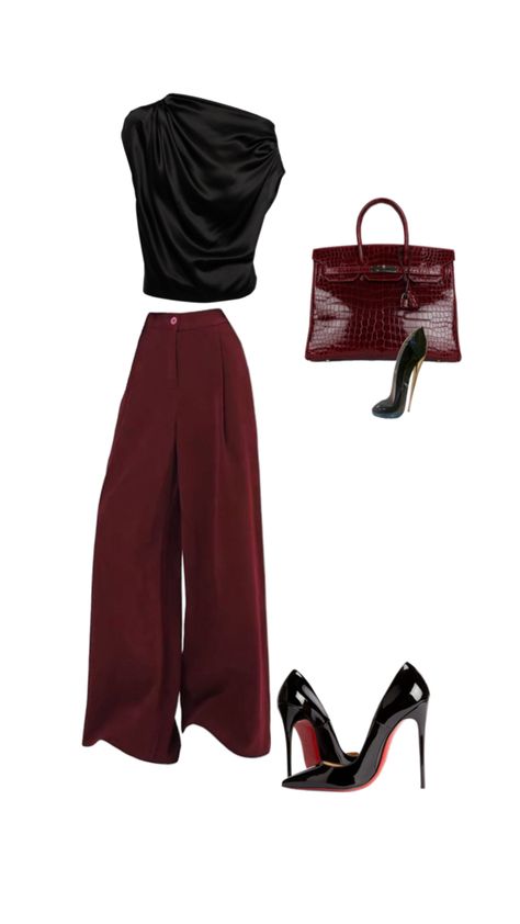 Step into sophistication with this refined ensemble. A rich bordeaux red pant paired with a timeless black top creates a striking, chic look that’s perfect for evening events or a classy night out. The matching bordeaux Birkin bag adds an element of luxury, while classic black Louboutin heels complete the outfit with an iconic red-soled finish. Perfect for those who love a bold yet elegant style, this look balances power and grace effortlessly! Wine Night Outfit Classy, Black And Red Classy Outfit, Red Dress Pants Outfit Business Casual, Red Bottom Outfits Classy, Black Louboutin Heels Outfit, Wine Dinner Outfit, Parisian Night Outfit, Red Elegant Outfit, Red Bottom Outfits