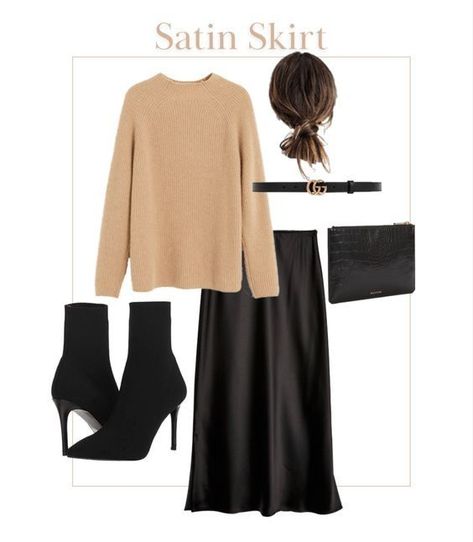 Satin midi skirt outfits ideas street style look fall classic skirt trends 2023 Autumn Skirt Outfit Midi, Black Satin Slip Skirt Outfit, Black Slip Skirt Outfit Winter, Turtle Neck Skirt Outfits, Outfits With Satin Skirt, Skirt Trends 2023, Satin Skirt With Boots, Black Silk Skirt Outfit Winter, Black Sock Boots Outfit