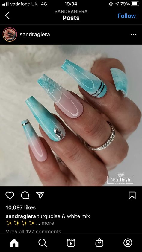 Bedazzled Nails, Teal Nails, Sky Nails, Gel Nail Art Designs, Light Nails, Blue Acrylic Nails, Fancy Nails Designs, Nails Now, Grunge Nails