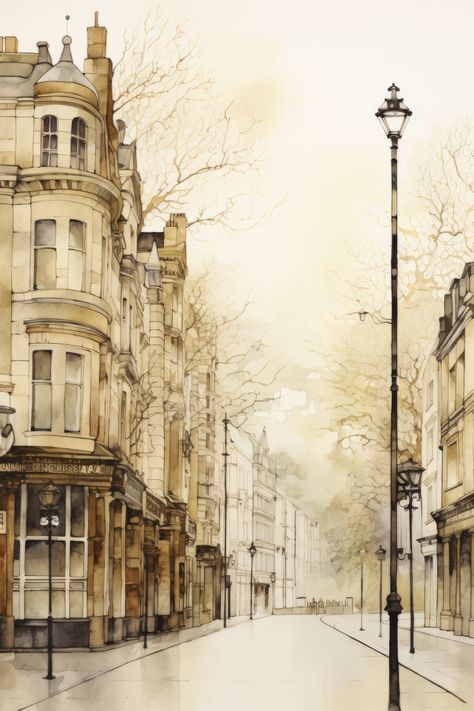 london street scene in watercolor and ink Watercolor Street Scenes, Watercolour Architecture, Hallway Painting, Architecture Paintings, Antique Architecture, Watercolour And Ink, Scene Drawing, Watercolor Architecture, City Of London