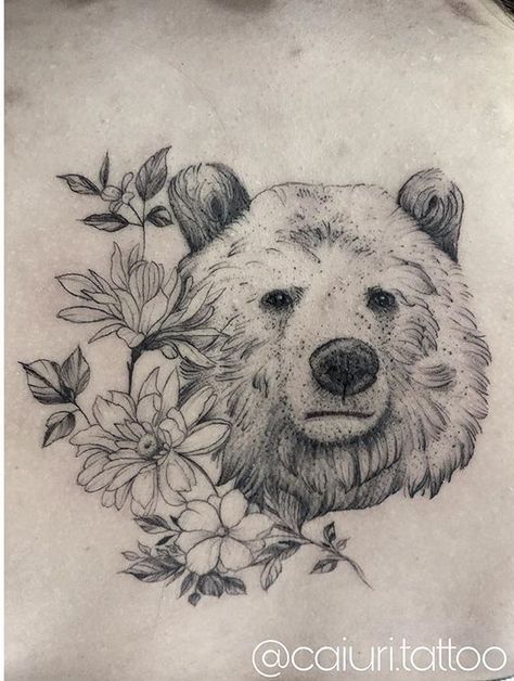 Bear Tattoo Feminine, Female Bear Tattoo, Bear Memorial Tattoo, Bear And Flowers Tattoo, Bear With Flowers Tattoo, Grizzly Bear Tattoos Women, Bear Flower Tattoo, Small Bear Tattoos For Women, Brown Bear Tattoo