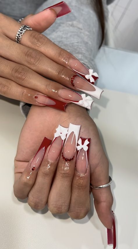 Nail Inspo Red Bottoms, Birthday And Christmas Nails, Red Long Nail Designs, Red Long Nails Square, Birthday Scorpio Nails Ideas, Red Nail Acrylic Designs, Red Christmas Acrylics, Homecoming Red Nails, Red And White Acrylic Nails Designs