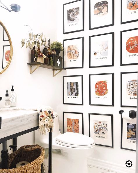 An inexpensive and fun way to decorate a small bathroom! Use calendar prints for art! Prints In Bathroom, Small Fun Bathroom Ideas, How To Decorate A White Bathroom, Bathroom Calendar, Small Bathroom Art, Styling A Bathroom, Fun Apartment Decor, Prints For Bathroom, Fun Gallery Wall