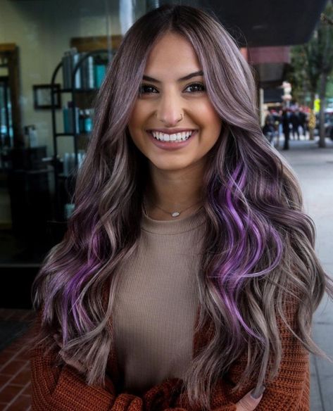 Blonde Balayage With Purple Highlights, Purple Face Frame Highlights, Purple Streaks In Blonde Hair, Brown Hair With Purple Streaks, Brunette With Purple Highlights, Brown Hair Purple Highlights, Purple Streaks In Brown Hair, Blonde With Purple Highlights, Blonde Hair With Purple Highlights