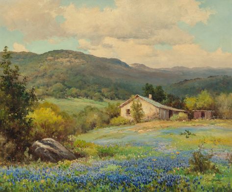 Robert William Wood is an icon in American landscape painting, which historically has been called "The American School". This shows the influence of two legendary early Texas artists-his teacher, Jose Arpa, and the Texas landscape Impressionist, Julian Onderdonk. Yet, Wood's Texas Hill Country does not seek to copy Onderdonk's iconic approach to the bluebonnet landscape, but it does capture the light, atmosphere, and grandeur of the Texas Hill Country in a way that few other artists have matched Julian Onderdonk, Learn Oil Painting, Art Signature, Texas Landscape, Watercolor Art Landscape, Pretty Artwork, Barn Painting, Western Paintings, Texas Art