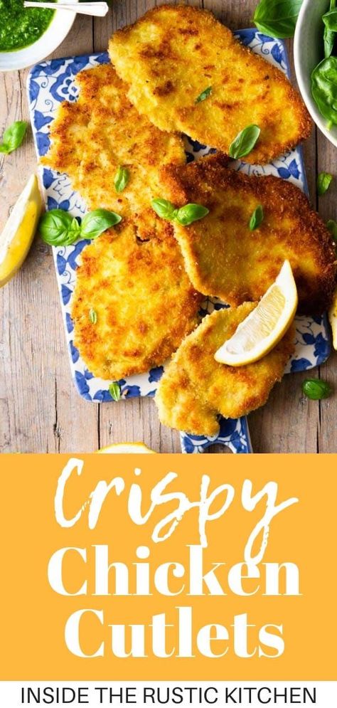 These Italian Chicken Cutlets are crispy, juicy and full of flavour. Served with baby spinach tossed in homemade pesto and freshly squeezed lemon juice. This recipe is simple, rustic and incredibly delicious! #chickencutlets #breadedchicken  via @InsideTRK Italian Cutlets, Italian Chicken Cutlets, Crispy Chicken Cutlets, Chicken Italian, Kitchen Italian, Chicken Cutlet Recipes, Breaded Chicken Cutlets, Cutlets Recipes, Squeezed Lemon