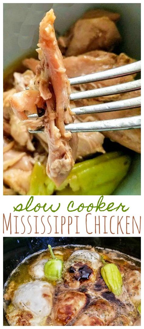 This Slow Cooker Mississippi Chicken is LOADED with incredible flavors. It’s so easy to make right in your slow cooker! #thewearychef #slowcooker #crockpot #chicken Mississippi Chicken Slow Cooker, Chicken Slow Cooker, Mississippi Chicken, Pepperocini Recipes, Chicken Thigh Recipes Crockpot, Slow Cooked Meals, Crock Pot Slow Cooker, Crock Pot Cooking, Easy Slow Cooker