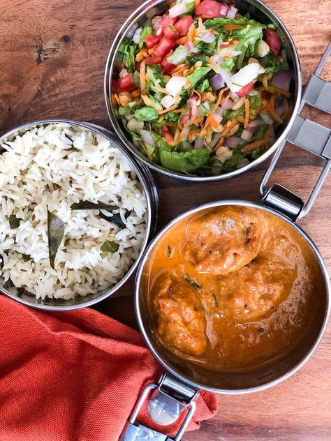 Lunch Box Ideas: Paneer Kofta, Ghee Rice & Salad Indian Food Lunch Box Ideas, Chaach Recipe, Indian Tiffin Recipes Lunch Boxes, Vegetarian Salads For Dinner, Lunch Box Indian, Salad Recipes High Protein, Navratri Thali, Paneer Rice, Salads For Dinner