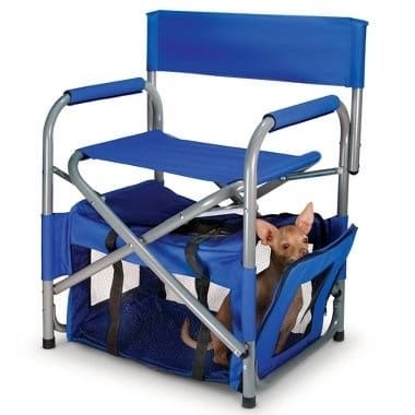 fold-up chair with pet compartment is perfect for camping, tailgating, or just hanging in the backyard.Get it here for $99.95. Portable Dog Kennels, Fold Up Chairs, Dog Gadgets, Smart Tiles, Dog Kennel, Dog Crate, Cool Stuff, Small Dog, Dog Harness