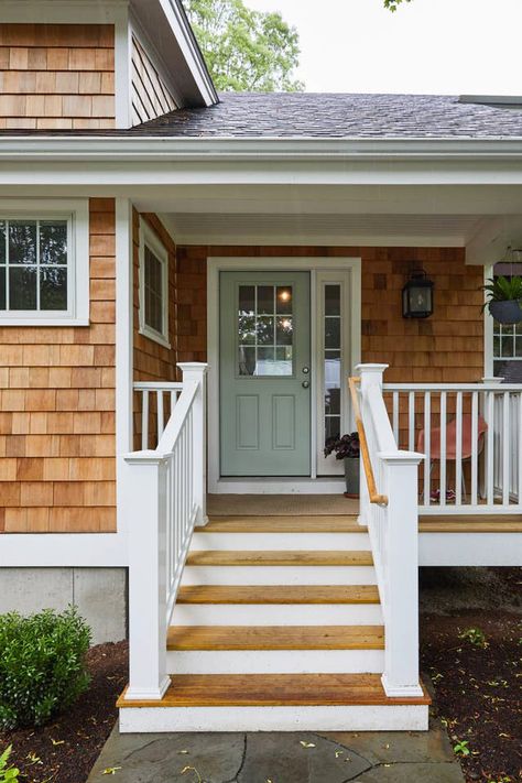 Coastal Exterior | Front Porch Ideas | Front Door with Sidelight | Red Cedar Shingles Front Door With Sidelight, Shingle House Exterior, Cedar Shake House, Cedar Shingle Siding, Cedar Shake Siding, Coastal Exterior, Shingle House, Cedar Shake, Beach House Exterior