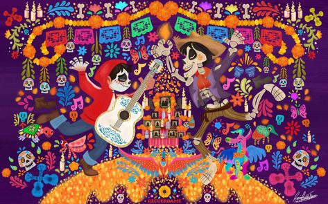 princess-beauty-case: “Mural de Disney Pixar Coco  Inspirado en los murales de Rapunzel pintados por la talentosa Claire Keane!! Amo esta peli!! Sin duda una de mis favoritas!! ❤️❤️❤️❤️ Hermosa historia, personajes, música y colores!!! ” Claire Keane, Coco Disney, Pixar Coco, Cloth Banners, Creative Illustration, Love Drawings, Disney And Dreamworks, Disney Drawings, Cute Disney