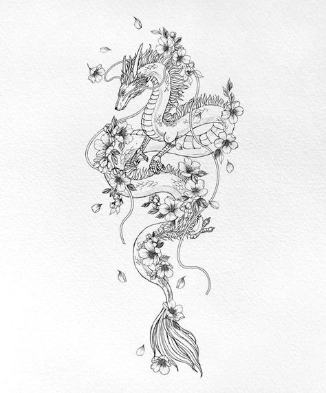 Open Sleeve Tattoo Woman, Sakura Dragon Tattoo, Haku Leg Tattoo, Lucky Dragon Tattoo, Dragon Vine Tattoo, Haku Tattoo Design, Haku Dragon Tattoo, Sakura Dragon, Dragon Tattoo Back