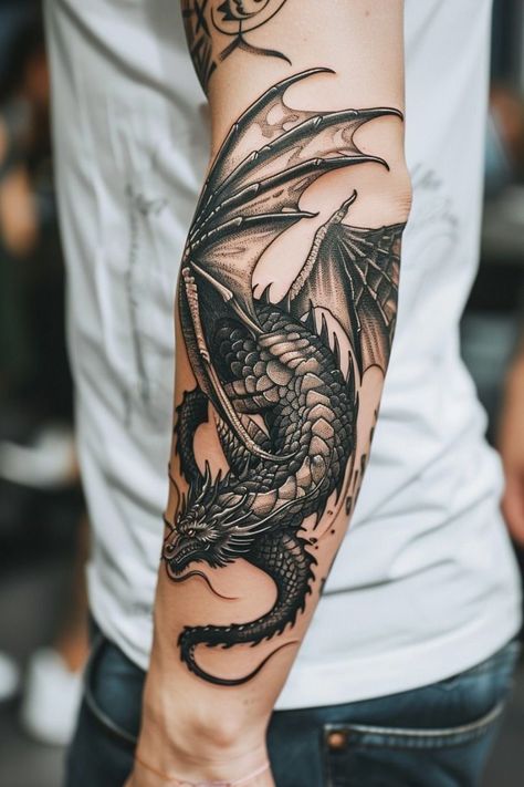 Smaug Tattoo, Dragon Tattoo Forearm, Blue Dragon Tattoo, Tattoo Fe, Dragon Tattoo Arm, Dragon Tattoo Ideas, Dragon Tattoos For Men, Photography Tattoo, Dragon Sleeve