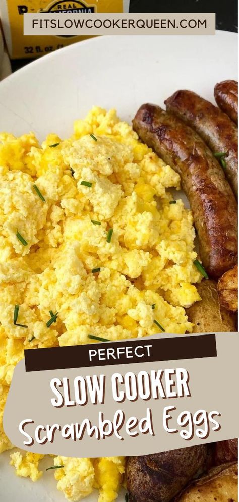 Slow cooker scrambled eggs is the perfect recipe for a holiday breakfast or brunch. You can cook dozens of eggs all at once in this easy egg recipe. This slow cooker scrambled eggs recipe allows me to have breakfast or brunch ready without spending time away in the kitchen so I can spend more quality time with my family. Eggs In The Crockpot, Crockpot Eggs Scrambled, Slow Cooker Scrambled Eggs, Scrambled Eggs In Crockpot, Crock Pot Eggs, Slow Cooker Egg Recipes, Freeze Scrambled Eggs, Crockpot Egg Bake, Crock Pot Scrambled Eggs