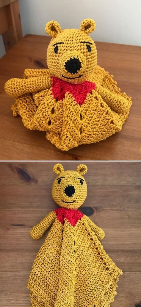 Adorable Crochet Lovey Patterns.We all know and love Winnie the Pooh, right? How amazing would it be a make a lovey inspired by this timeless character? So Tatie though of it and created this beautiful, timeless toy and lovey, that will be your baby best friends and a sweet reminder of childhood. #freecrochetpattern #baby #lovey Simple Granny Square, Crochet Lovey Free Pattern, Blankets For Babies, Poncho Patterns, Crochet Toys Free Patterns, Lovey Pattern, Crochet Lovey, Crochet Toys Free, Baby Crochet Patterns Free