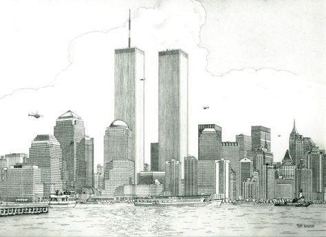 Old Enough To Understand, Nyc Drawing, 11 Tattoo, New York Drawing, Skyline Tattoo, Skyline Drawing, World Trade Center Nyc, The Twin Towers, Harlem New York