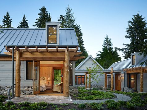 Clustered buildings . . . instead of skylights, the use of dormer windows not only brings light (indirect) into the house, but breaks up the monotony of the identical roofline of 3 clustered buildings.  Key Peninsula Residence « DAVID VANDERVORT ARCHITECTS Family Compound, Farmhouse Architecture, Rustic Exterior, Cedar Homes, Contemporary Exterior, Cubby Houses, Farmhouse House, House Plans Farmhouse, Farmhouse Exterior