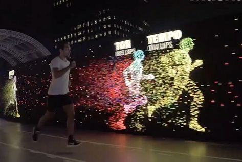 Nike Unveils Super Cool LED Running Track That Lets You Race Your Own Avatar - B&T Event Technology Ideas, Hologram Screen, Sound Installation, Interactive Walls, Running Track, New Media Art, Interactive Installation, Design Museum, Experiential