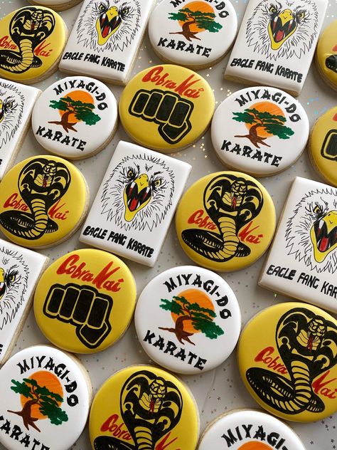 Cobra Kai Birthday Party Ideas, Cobra Kai Birthday Party, Karate Cookies, Movie Birthday Theme, Miyagi Do Karate, Karate Birthday Party, Kobra Kai, Karate Birthday, Karate Kid Movie