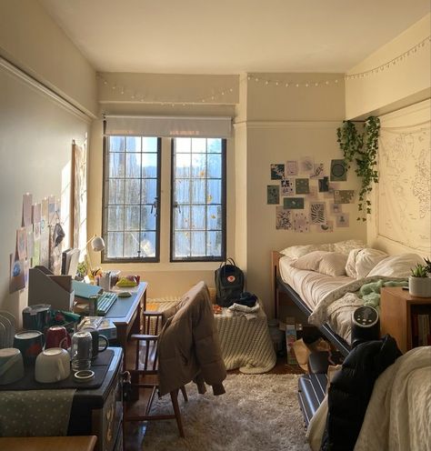 Raised Dorm Bed, Cozy Bookshelf Aesthetic, College Dorm Room Ideas Aesthetic Cozy, Suite Dorm Room Ideas, Shared Apartment Ideas, Cute College Dorms, Big Dorm Room, Uni Bedroom Ideas, Uni Dorm Aesthetic