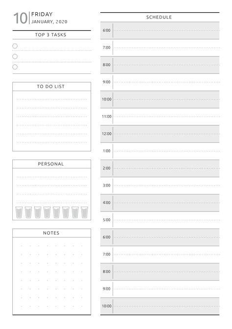 Perfect solution for business planner. This dated daily planner template is for person who love life planning and keeping things in order. Sections available in this template: Top 3 tasks, To Do List, Personal section, Water tracker, Notes, Hourly Schedule, from 6 a.m. to 10 p.m.  #agenda #bestdailyplanner #dailyplantemplate #printables #pdf Best Daily Planner, Cute Daily Planner, Daily Planner Design, Daily Planner Sheets, Daily Planner Printables Free, Hourly Schedule, Study Planner Printable, To Do Planner, Undated Daily Planner