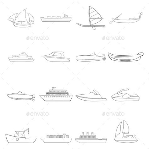 Ship and Boat Icon Set Outline Speedboat Tattoo, Boat Outline Tattoo, Ferry Boat Tattoo, Boating Tattoo, Little Boat Tattoo, Small Motor Boat, Boat Hoist, Boat Sketch, Bridge Tattoo