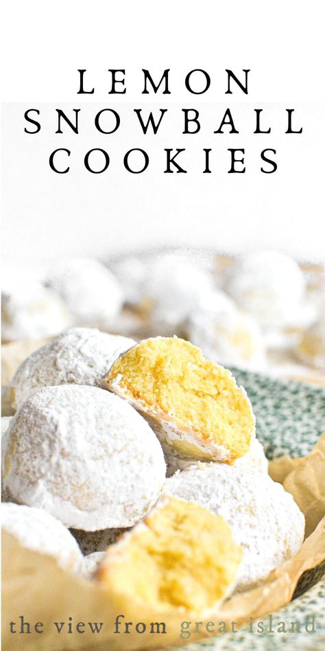 Lemon snowball cookies are melt in your mouth shortbread coated in powdered sugar ~ like little bursts of sunshine on your holiday cookie platter! #christmas #christmascookies #shortbread #mexicanweddingcookies #russianteacakes Lemon Snowball Cookies, Melt In Your Mouth Shortbread, Russian Teacakes, Russian Tea Cookies, Platter Christmas, Snowball Cookie Recipe, Basic Cookies, Cookie Platter, Nut Free Recipes