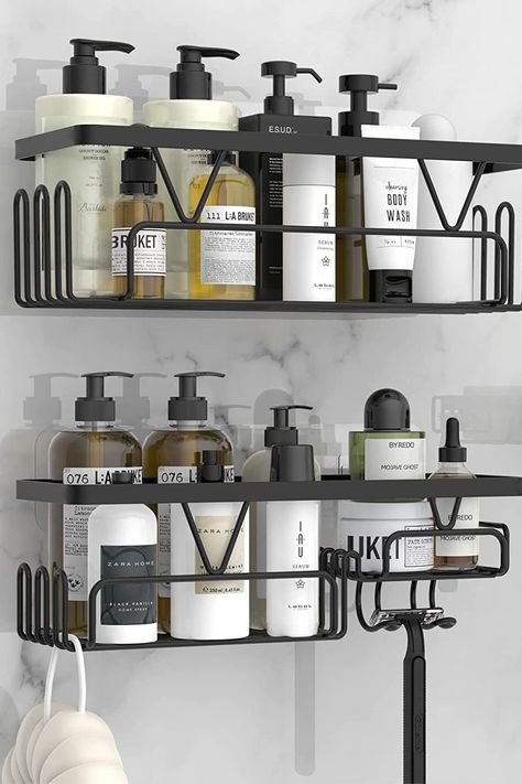 Black adhesive bathroom organizer, 3 pack, aesthetic bathroom storage Soap Rack Bathroom, Shower Toiletries Storage, Shower Rack Aesthetic, Shower Organization Aesthetic, Shower Organisation, Soap Organization, Girl Bathroom, Bathroom Shower Organization, Beautiful Bathroom Decor